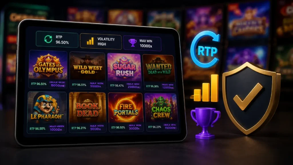 Online slot selection screen showing RTP, volatility and max win metrics to help players compare games before playing.