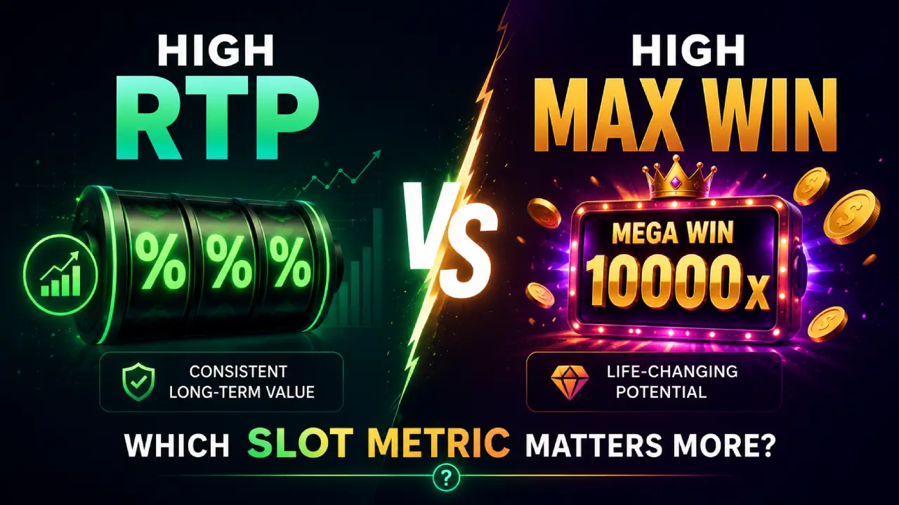 High RTP vs High Max Win comparison showing long-term slot value versus maximum win potential.