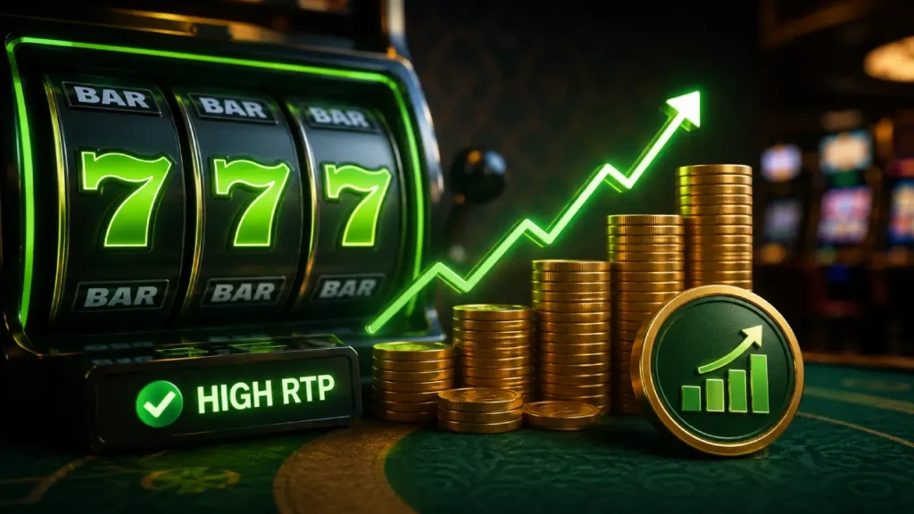 High RTP slot machine with winning symbols, gold coins and a rising graph representing steadier long-term returns.
