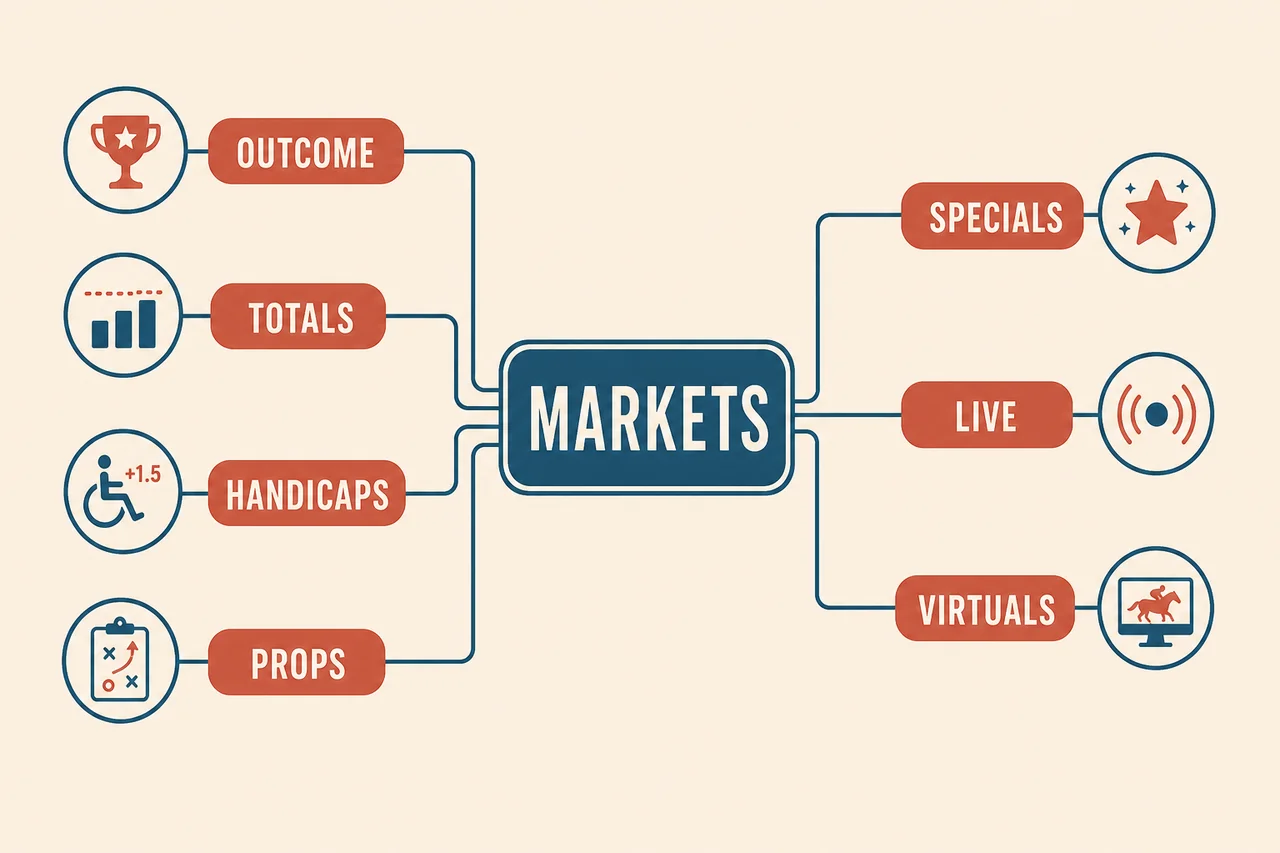 Taxonomy diagram of sports betting market types with labelled branches