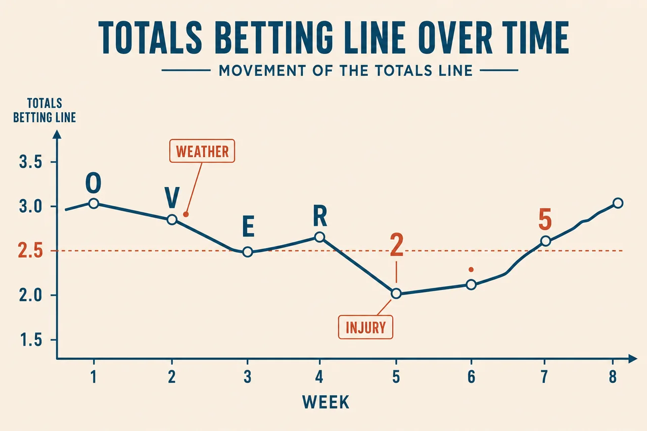 Chart of totals line moving across weeks of a sports betting season
