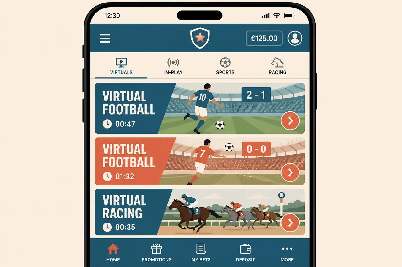 Virtual sports betting strip showing scheduled virtual football and racing